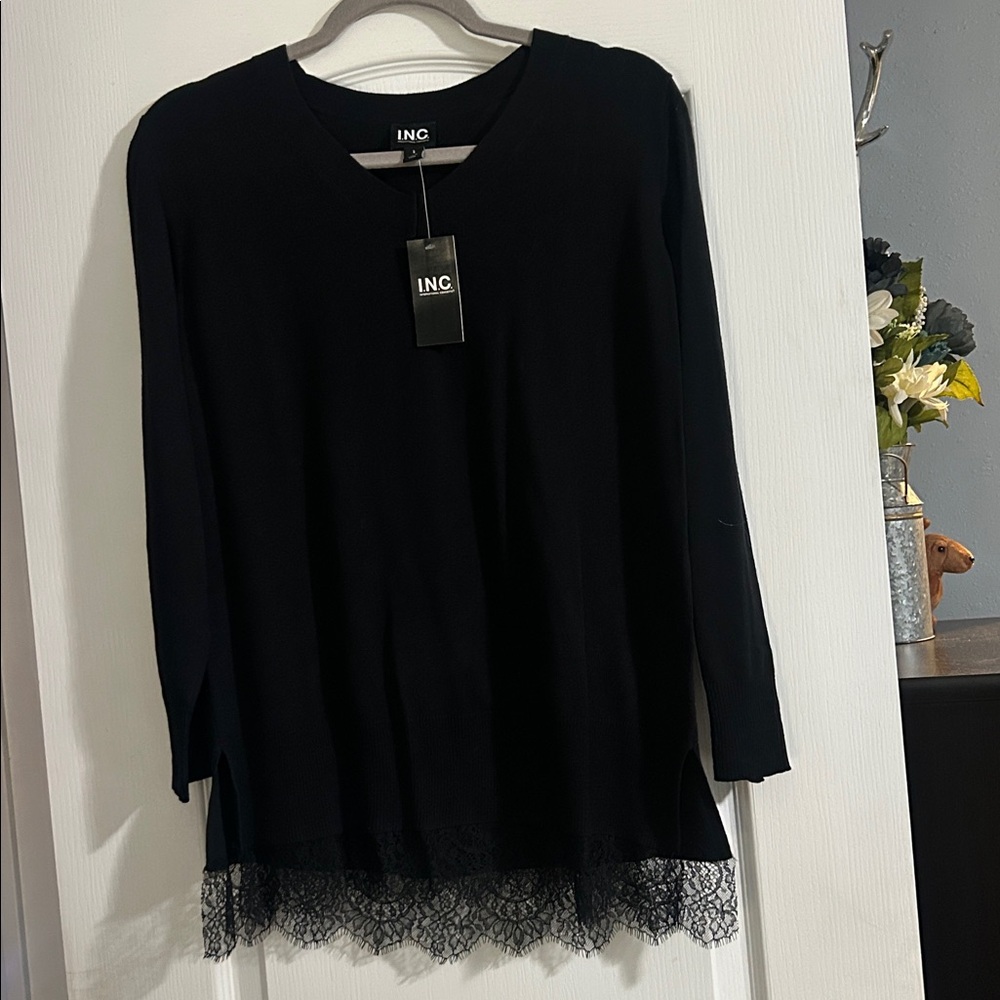 INC International Concepts Women's Black Long Sleeve Top with Lace Trim